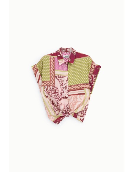 Dixie Patchworkblouse met dessin en knoop aan de voorkant