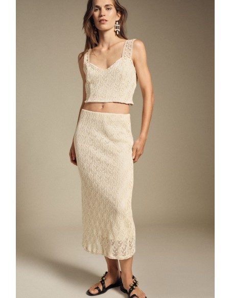 Dixie midi-rok met opengewerkt kant en hoge taille