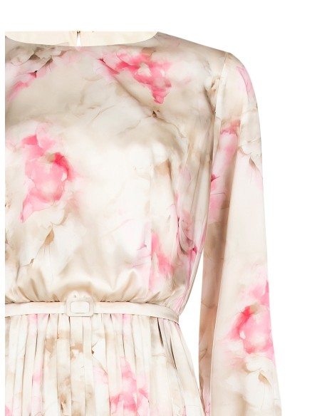 Midi-jurk van satijn met vervaagde bloemenprint, geplooide rok en bijpassende riem van Rinascimento