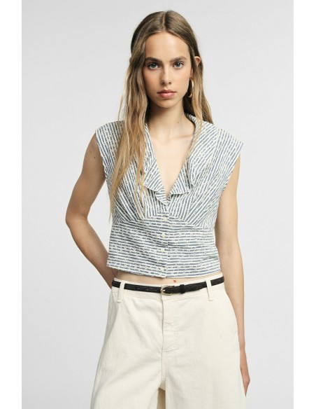 Cropped mouwloos shirt met volant en strepen aub