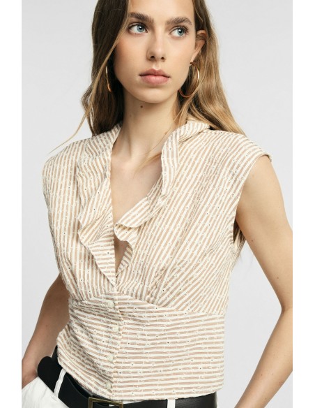Cropped mouwloos shirt met volant en strepen aub