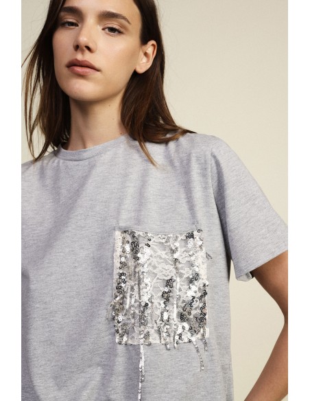 Dixie T-shirt met korte mouwen, borstzak en pailletten