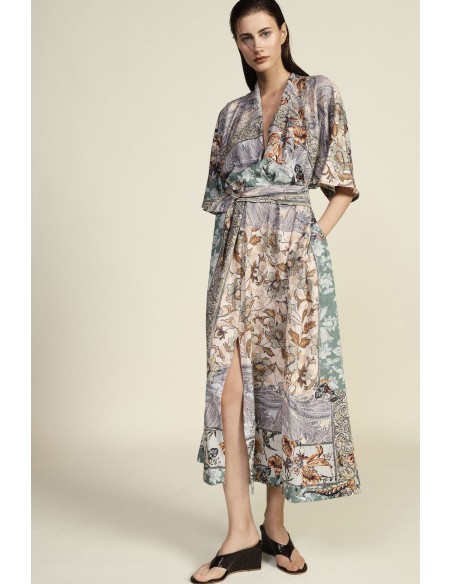 Lange jurk met patchworkprint, ceintuur en Dixie-stof
