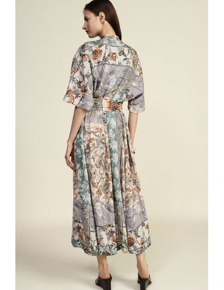 Lange jurk met patchworkprint, ceintuur en Dixie-stof