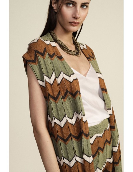 Dixie mouwloos vest met zigzagpatroon en golvende rand
