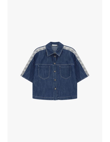 Denim overhemd met korte mouwen en bedrukte biezen Please