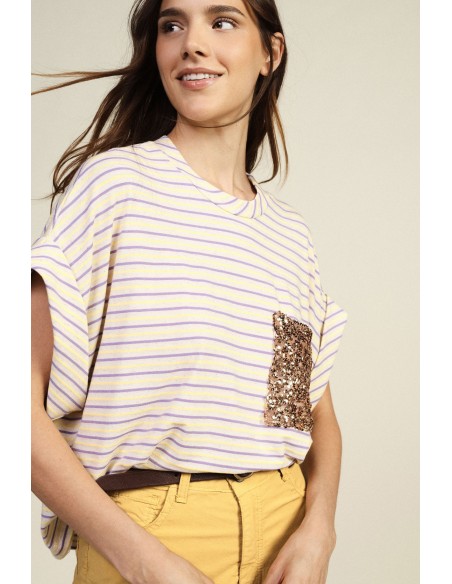 Gestreept T-shirt met opgestikte zak met pailletten Dixie