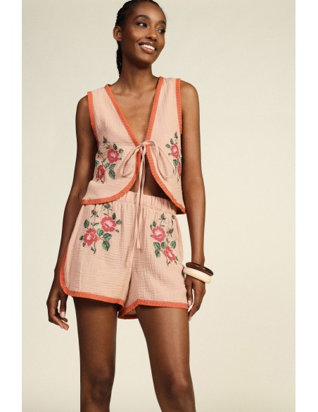 Dixie geborduurde shorts met elastische taille en contrasterende biezen