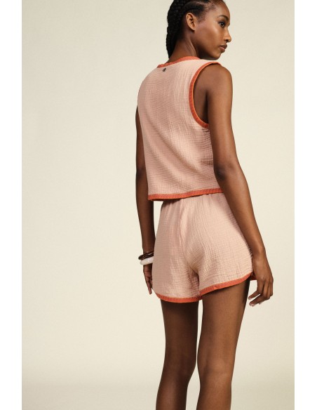Dixie geborduurde shorts met elastische taille en contrasterende biezen