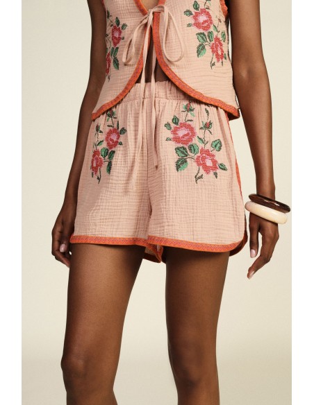 Dixie geborduurde shorts met elastische taille en contrasterende biezen