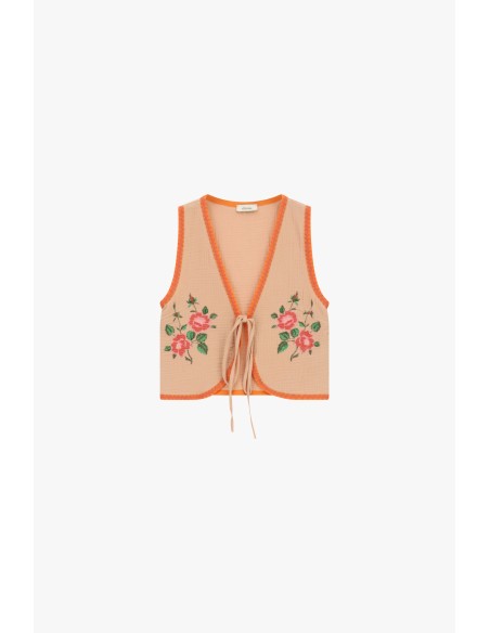 Dixie gilet met contrasterende biezen en bloemenborduurwerk