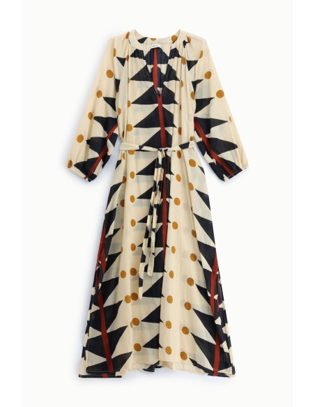 Lange jurk met geometrische print, riem, Dixie-stof