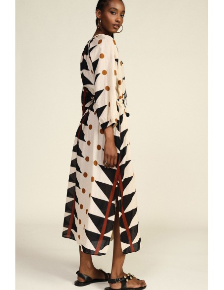 Lange jurk met geometrische print, riem, Dixie-stof