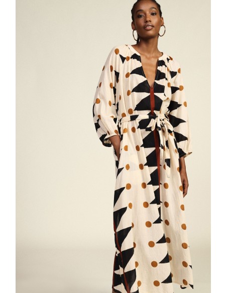 Lange jurk met geometrische print, riem, Dixie-stof