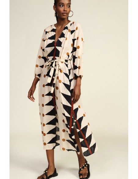 Lange jurk met geometrische print, riem, Dixie-stof