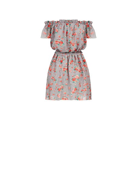 Korte geruite jurk met rozen en elastische taille van Rinascimento