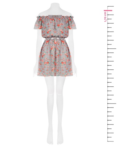 Korte geruite jurk met rozen en elastische taille van Rinascimento