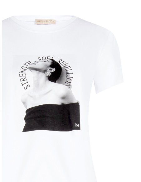 Regular T-shirt van katoenmix met damesprint en strass-steentjes Rinascimento