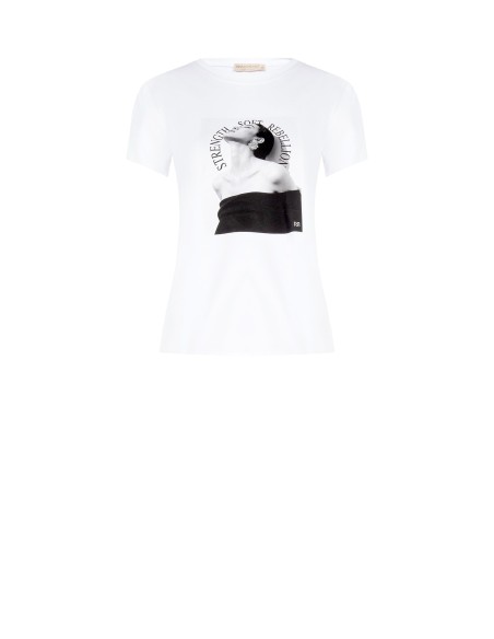 Regular T-shirt van katoenmix met damesprint en strass-steentjes Rinascimento