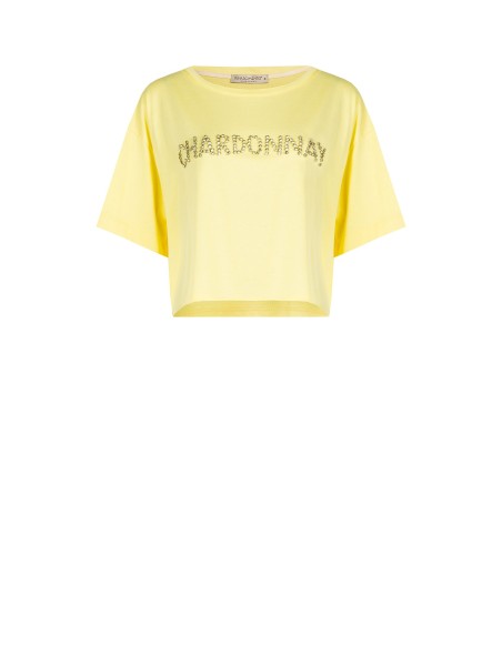 Korte oversized katoenen T-shirt met de tekst Chardonnay in kristallen van Rinascimento