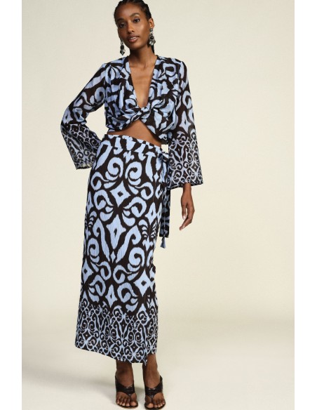 Midi-rok met abstracte fantasie en strikceintuur van Dixie