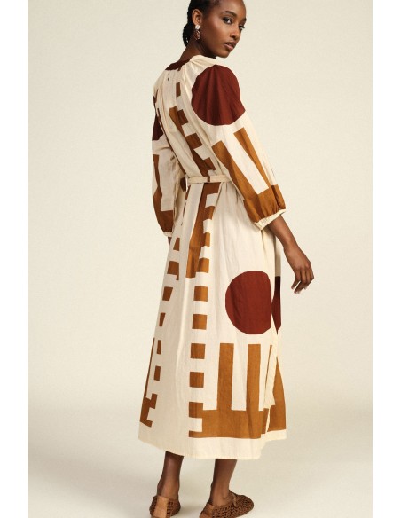 Lange jurk met geometrische print, riem, Dixie-stof