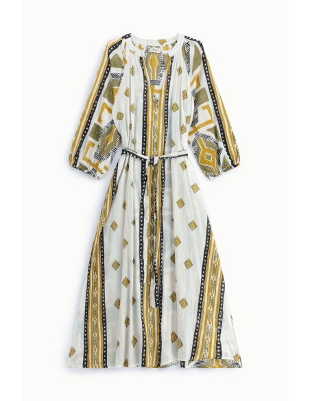 Lange jurk met geometrische print, riem, Dixie-stof