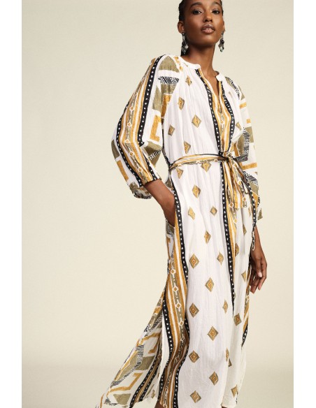 Lange jurk met geometrische print, riem, Dixie-stof