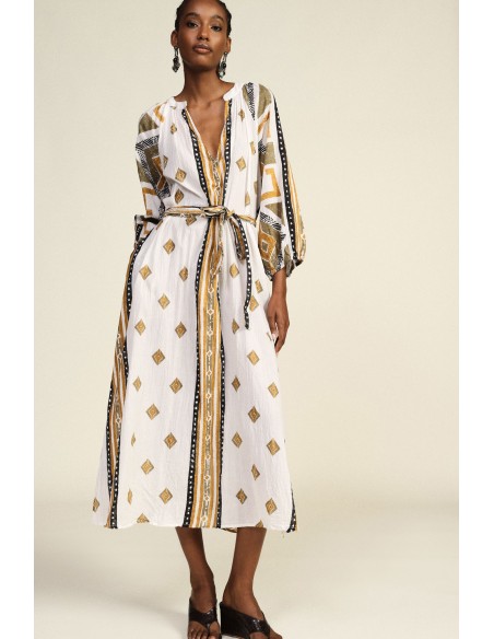 Lange jurk met geometrische print, riem, Dixie-stof