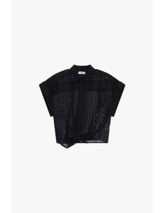 Dixie geperforeerde blouse met korte mouwen en knoop aan de voorkant