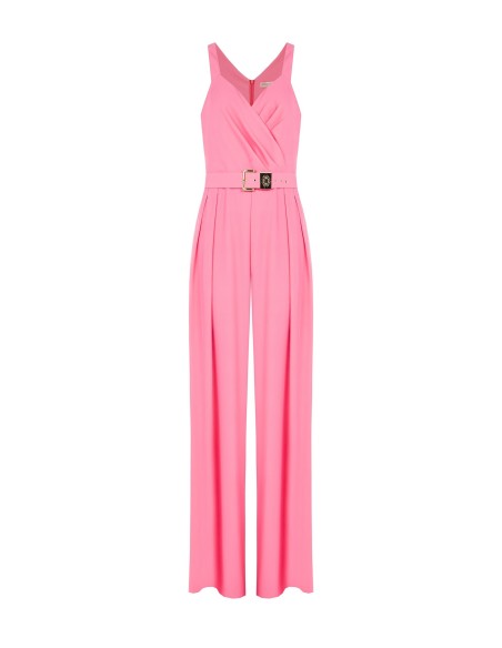 Palazzo-jumpsuit van soepelvallende stof met bijpassende stevige ceintuur en Rinascimento-logoplaatje