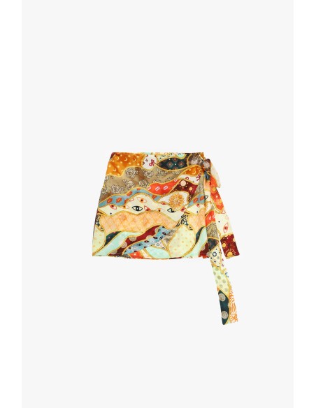 Korte patchworkrok met dessin en knoop aan de zijkant Dixie