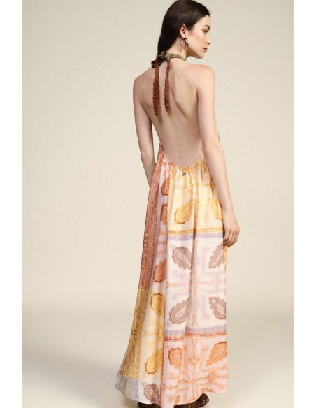 Lange jurk met patchworkprint en geknoopte halslijn Dixie
