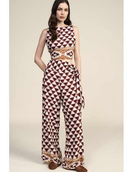 Palazzo-broek met geometrische print en ceintuur aan de zijkant Dixie