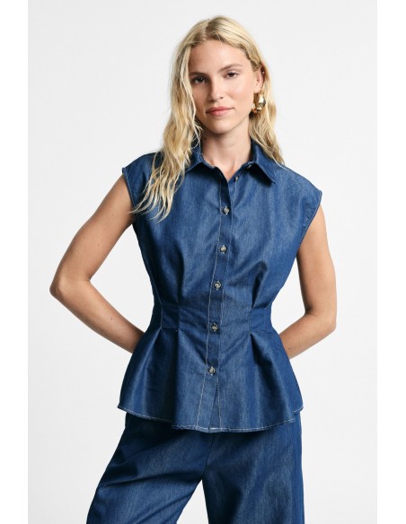Mouwloze blouse met plooien aan de voorkant en knopen, alstublieft