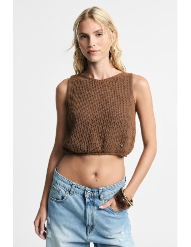 Opengewerkte cropped top zonder mouwen met ronde hals Please