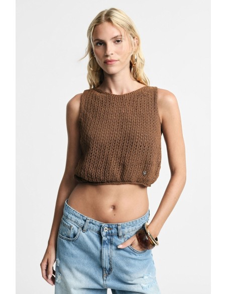 Opengewerkte cropped top zonder mouwen met ronde hals Please