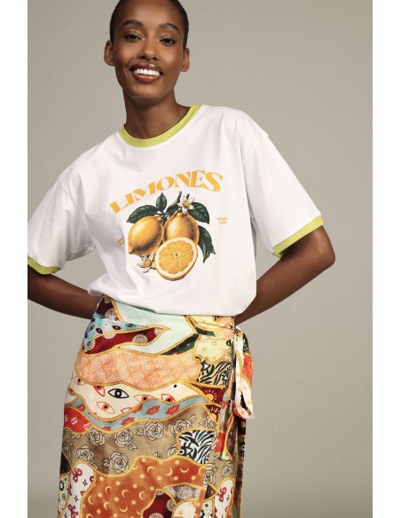 Dixie T-shirt met ronde hals, citrusprint en contrasterende biezen