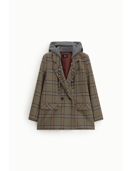 Dixie blazer met dubbele rij knopen, capuchon en ruitpatroon