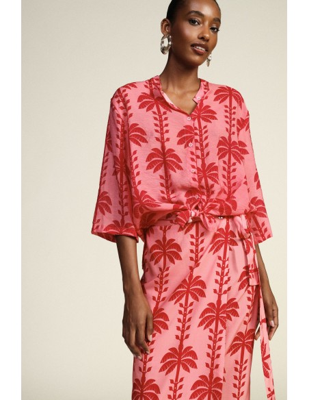 Cropblouse met palmbomenprint en knoop aan de voorkant Dixie