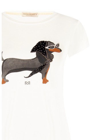 Regular T-shirt van viscosemix met teckelprint en strass-steentjes van Rinascimento