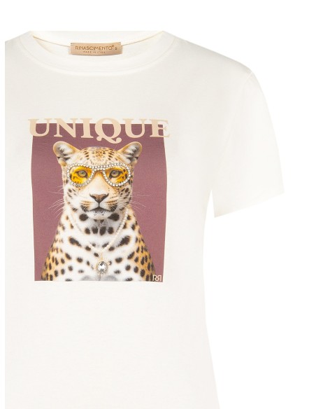 Regular T-shirt van katoenmix met luipaardprint en strasssteentjes Rinascimento