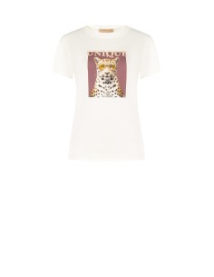 Regular T-shirt van katoenmix met luipaardprint en strasssteentjes Rinascimento