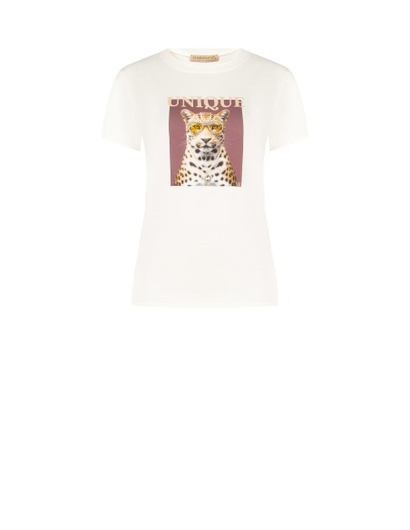 Regular T-shirt van katoenmix met luipaardprint en strasssteentjes Rinascimento