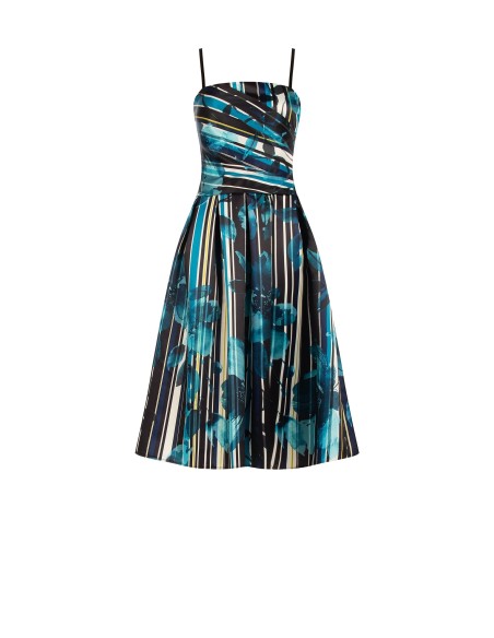 Midi-jurk met bustier van gestructureerd duchesse-satijn met bloemen- en streeppatroon van Rinascimento