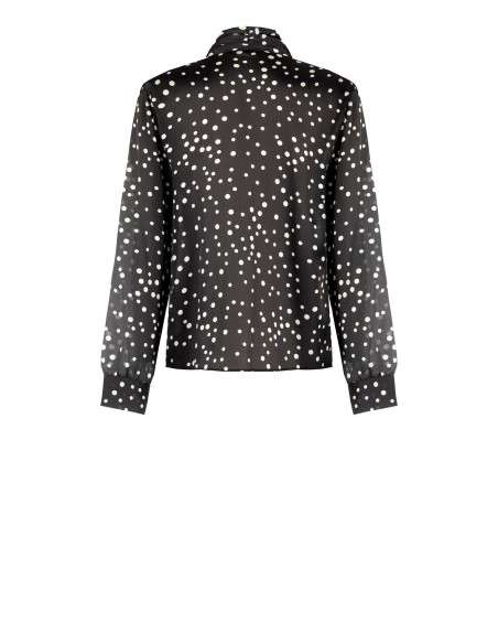 Ruimvallende, soepelvallende satijnen blouse met stippen, V-hals en strik Rinascimento