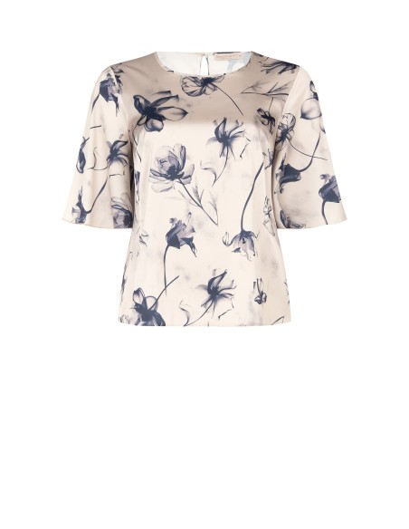 Curvy-blouse van satijn met grote vervaagde bloemen en korte mouwtjes – Rinascimento Curvy