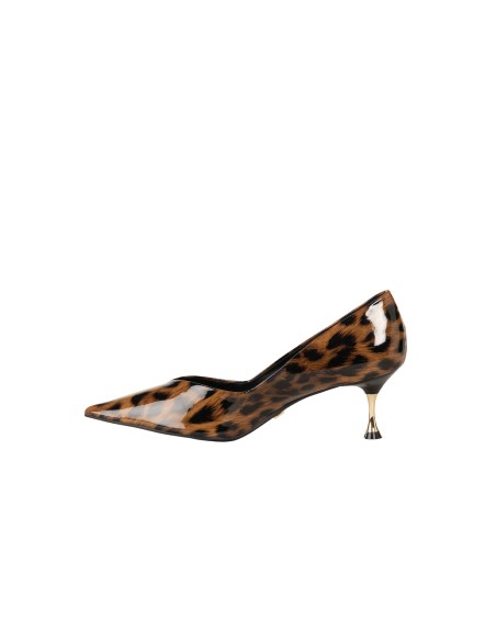 Glanzende stiletto pumps met luipaardprint en lage metalen hak Rinascimento