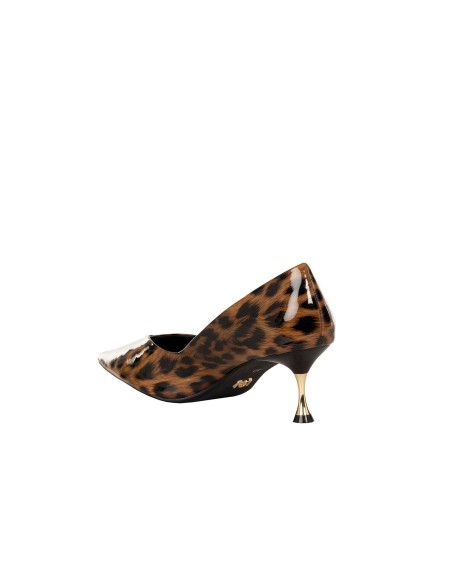 Glanzende stiletto pumps met luipaardprint en lage metalen hak Rinascimento
