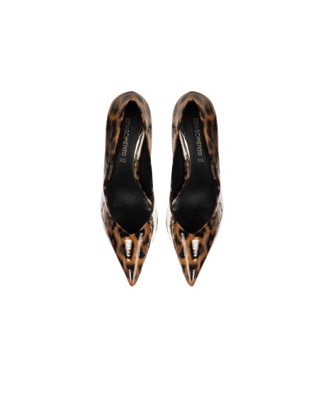 Glanzende stiletto pumps met luipaardprint en lage metalen hak Rinascimento